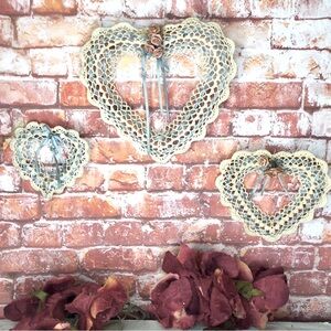 Vintage 90s Collection of Three Decorative Crocheted Heart Shaped Wall Hangings